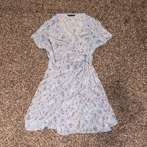Sky Blue Floral Wrap Midi Dress